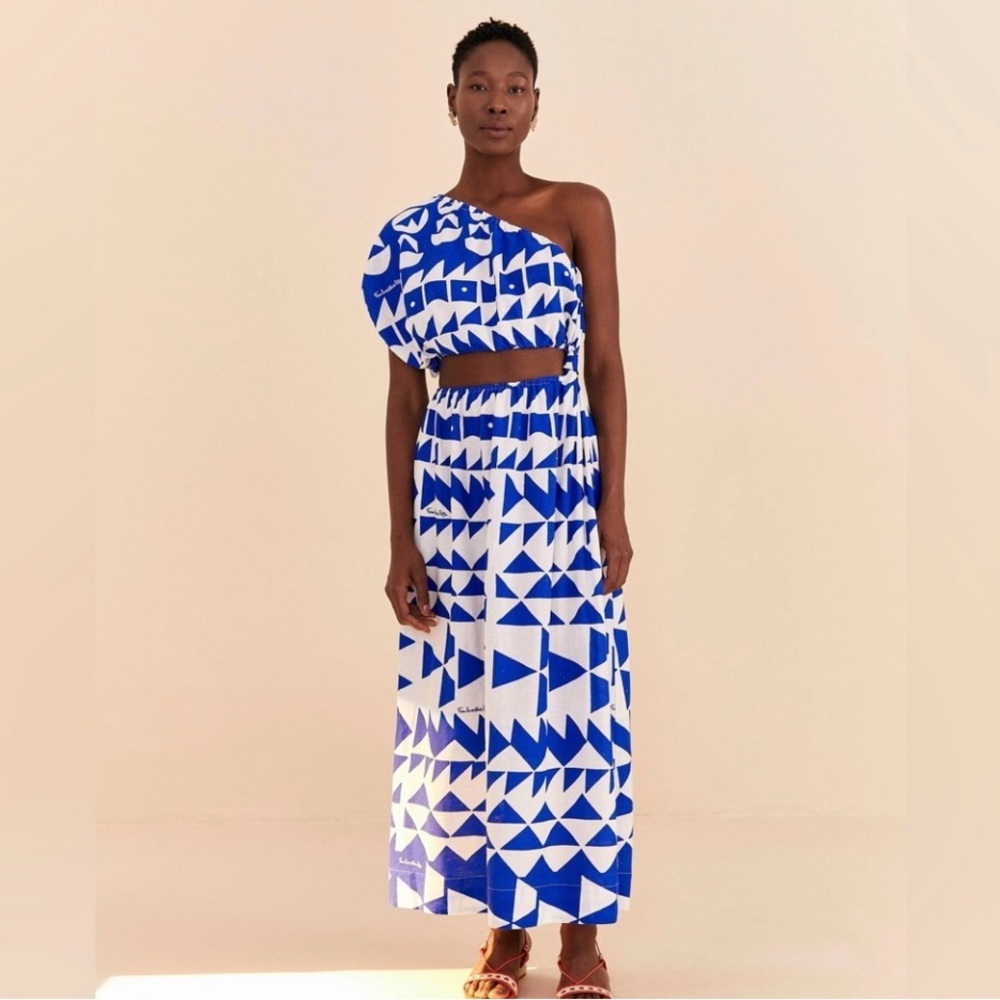 Farm Rio Off-White Pitta Tiles One-Shoulder Maxi Dress